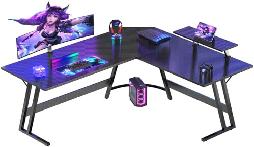 Devoko Gaming Tisch L Form mit Monitorständer, Eckschreibtisch für Gamer, Gaming Schreibtisch L Form, Groß Pc Computertisch, 150 x 130 cm, Kohlefaser Schwarz