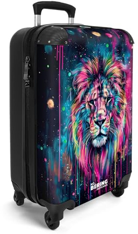 NoBoringSuitcases© Handgepäckskoffer Kinder Reisekoffer Kinderkoffer 4 | 55x35x20 cm - Rollen Leicht Koffer Cabin Trolley Hartschalenkoffer Kind Löwe - Neon - Graffiti