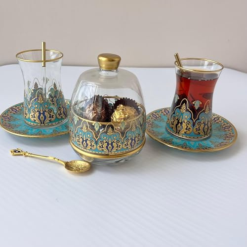 SARNEVA Lot de 2 tasses à thé à l'ancienne fabriquées à la main avec sucrier | Verres à thé turcs fantaisie avec soucoupes | Plat à bonbons floraux | Verrerie élégante pour dragées de mariage | (motif
