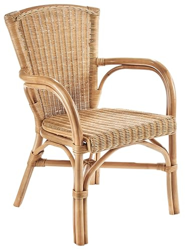 Kobolo Rattansessel YORK Natur, 58x56x86 cm, brauner Korbstuhl mit Armlehnen aus Naturmaterial, Rattanstuhl robust & stilvoll, ideal für Küche, Esszimmer oder Wintergarten