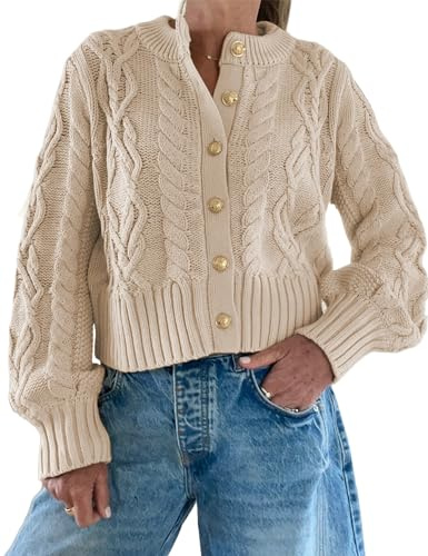 Watashi Women Sweater Casual Button Up Cable Knit Long Sleeve Fall Cropped Cardigan Crewneck Chunky Knitted Sweaters Coats(Khaki-S)