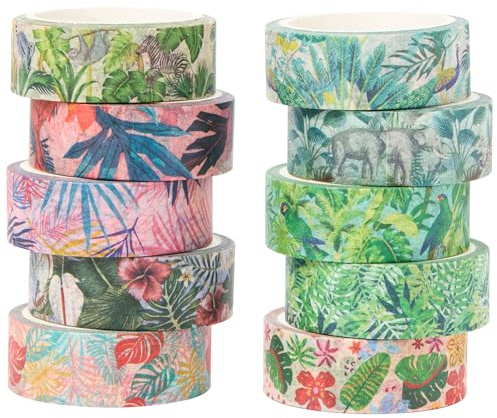 YUBX växter Washi Tape Set 10 rullar tropisk regnskog dekorativ maskeringstejp ritning tejp färgglada för konst, gör-det-själv-hantverk, dagbok, planerare, scrapbook, förpackning