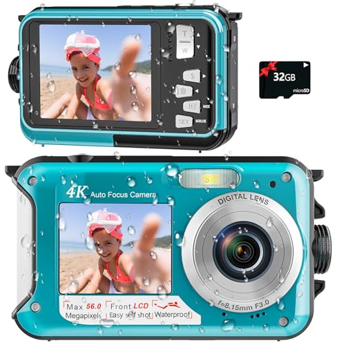 Fotocamera digitale, Yixinxin Fotocamera subacquea 3,35 m HD 4K Video 56MP Autofocus Fotocamera compatta Selfie Doppio schermo 16X Fotocamera impermeabile con scheda di memoria da 32G Fotocamera
