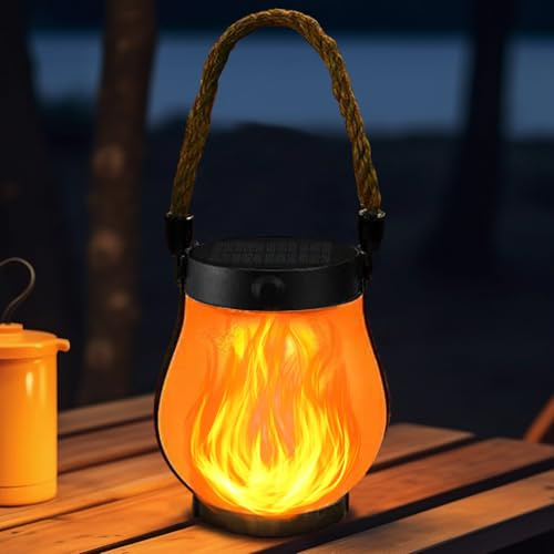 YOUYIKE 1pcs Solar Laterne Tanzende Flammen LED Tragbares Rund Stehend mit Seil Hängend Wetterfest Solarlampe Tisch Licht im Freien Outdoor Draußen Camping Gartenlaterne Balkon Terrassen Deko Aussen