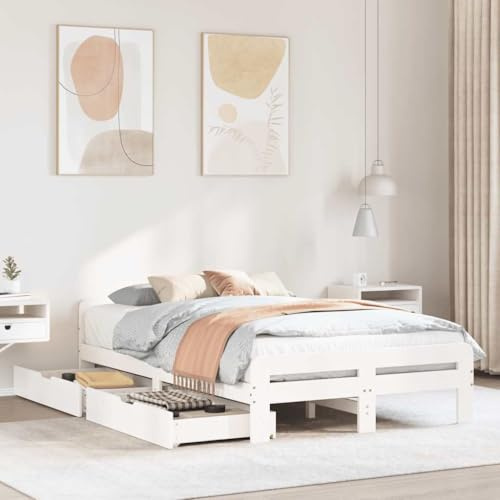 Qnhdfrt Massivholzbett mit Lattenrost und Schubladen Weiß 135x190 cm Kiefernholz für Schlafzimmer Gästezimmer und Jugendzimmer