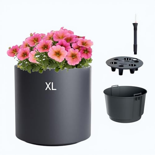 MELTOM Selbstbewässerungstopf Pflanzkübel XL Ø39,5x36,5 cm Anthrazit | Pflanzkübel 44 L / Pflanzeinsatz 20 L mit Griffen, Wasserspeicher & Wasserstandsanzeige – UV-beständig, innen & außen