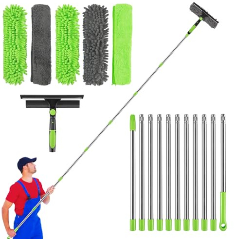 Clickinline Window Cleaning Equipment, 5m Window Squeegee, Telescopic Window Cleaner, With Squeegee Brush and Scrubber Tool, 11 Pcs Adjustable Pole for Indoor/Outdoor High Window, Wall, ​Car (Green)