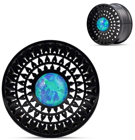 COOEAR Opal öronproppar, svarta geometriska blommätare, rostfritt stål etnisk stil tunnlar för sträckta piercingar., 9/16(14mm), Rostfritt stål, Sandsten