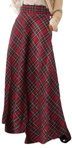 Gefomuofe Falda de cuadros para mujer vintage de cuadros falda de invierno larga línea A falda plisada falda medieval cosplay falda tradicional maxifalda falda de lana cálida falda casual, rojo, XL