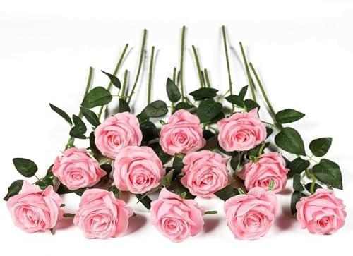 Kisflower 12 rose artificiali realistiche fiori singoli, bouquet di rose in seta per matrimoni, ufficio, decorazione della casa (rosa)