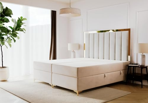 Boxspringbett Bahama 180x200, Bettkasten, Velvet-Stoffbezug, Beige | Betten mit Pocket-Matratze, OEKO-TEX Zertifikat, EU-Herstellung, Weicher Stoff