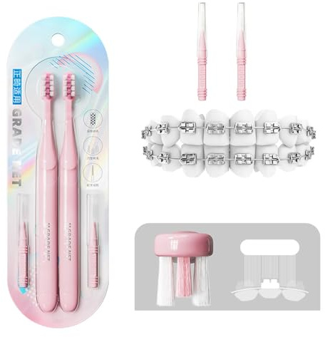 Vonmerie Cepillos de dientes de ortodoncia, cepillos de dientes en forma de U con cerdas suaves de PBT, 2 cepillos de dientes de ortodoncia y 2 cepillos de punta de dientes de ortodoncia, paquete de 4
