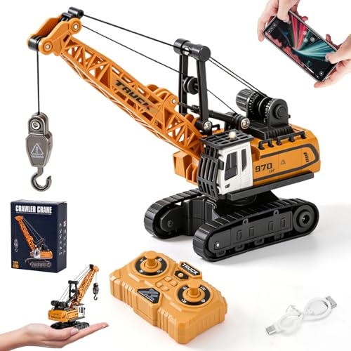 LTFIOON Mini Gru Telecomandata, 1:64 Gru RC con App e Telecomando 2,4 GHz, Mini Gru Cingolata con Braccio Telescopico – Gru Giocattolo per Bambini da 3 4 5 6 7 anni