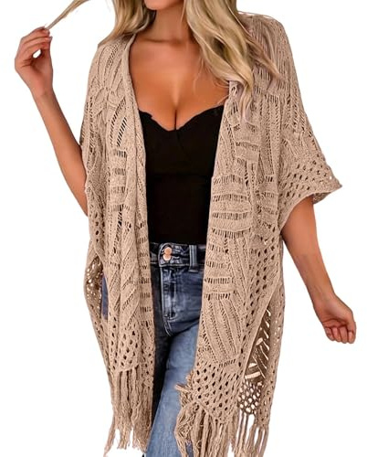 Paréo de Plage Femme Kimono Plage Gilet Long Frange Maillot Bain Bikini Couvrant Tricot Ajouré Vêtement Ouvert Soleil Piscine Mer Fil Doux Profil Droit Mode Loisir Plein Air (A-Khaki, One Size)