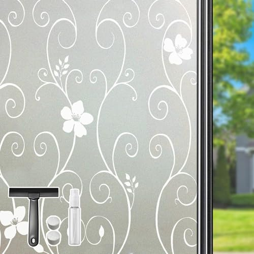 Qualsen Fensterfolie Blickdicht Sichtschutz, Blumen Weiß, 60 x 300 cm | Sichtschutzfolie Fenster Blumen Muster Sichtschutz Fenster, Statisch Haftend UV-Schutz für Zuhause, Küchen
