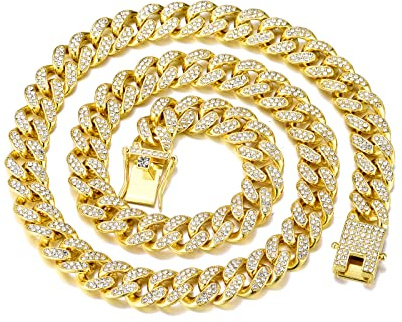 FEEL STYLE Mens Cuban Link Chain Gold Silver Plated Bling Miami Cuban Necklace Chain for Men 13MM Iced Out Hip Hop Jewelry 18-24inch (Gold, 18inch)