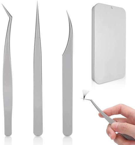 Pinzas de extensión de pestañas de 3 piezas, pinzas de injerto de pestañas de acero inoxidable Juego de pinzas curvas rectas con estuche para extensión de pestañas de injerto