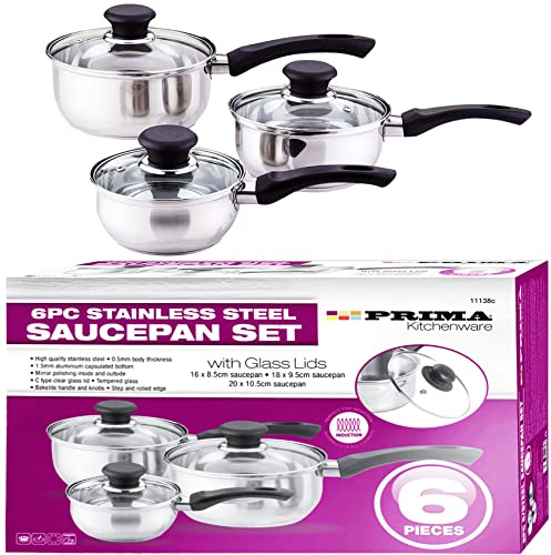 NTI 6 Pcs Prima Stainless Steel Saucepan Set Induction Cooking Pot Glass Lid Sturdy Handles Housewarming Gifts Home Kitchen Chef Healthy Food Cooker Cookware 16/18/20CM UK Free P&P, Silver & Black