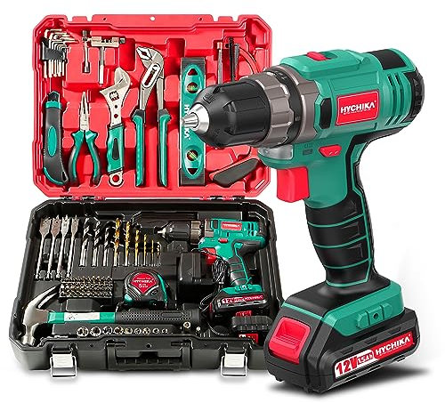 Taladro Atornillador 12V, HYCHIKA 104pcs Taladro Bateria Kit Herramientas Bricolaje, 1,5Ah destornillador electrico, 30N.m Par Máx, 1 Hora de Carga Rápida, Caja Herramientas Completa