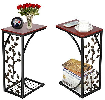Yaheetech 2pcs C Shaped Small Side Table, Metal Coffee Tea Table, Narrow End Table, Snack Side Table with Storage Shelf for Living Room/Office Room/Bedroom, Leaf Pattern, 21x30.6x53cm(WxDxH)