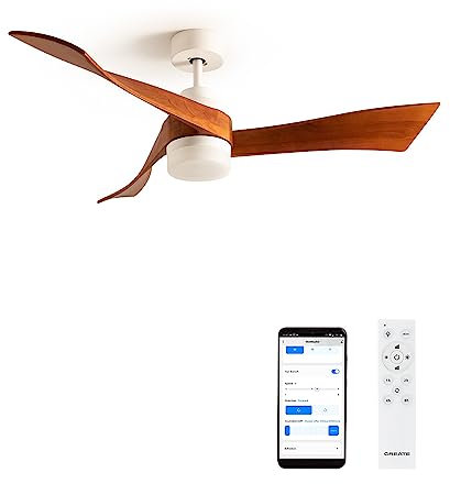 CREATE / WINDCURVE/Ventilador de techo con luz blanco madera oscura con Wifi y mando / 40W, silencioso, Ø132 cm, temporizador, 3 temperaturas de luz, 2 alturas, función verano-invierno