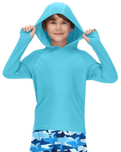 BesserBay Kinder Blau Langarm UV Shirt mit UV-Shutz UPF 50+ Bademode Kapuzen Schwimmshirt Rashguard 150