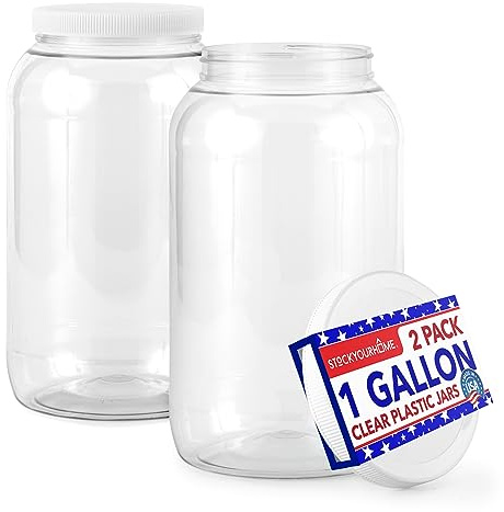 Stock Your Home 1 Gallon Clear Plastic Jars with Lids (2 Pack) 128 oz Wide Mouth Large Jar with Lid, Big Container for Candy, Cookies, Arts & Crafts, Bartender Money Tips, Kitchen & Pantry Storage