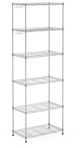 Mondeer Metal Shelving Units, 6 Tiers Kitchen Storage Shelf with 8 Hooks, Height Adjustable, for Bathroom Living Room Balcony, Silver