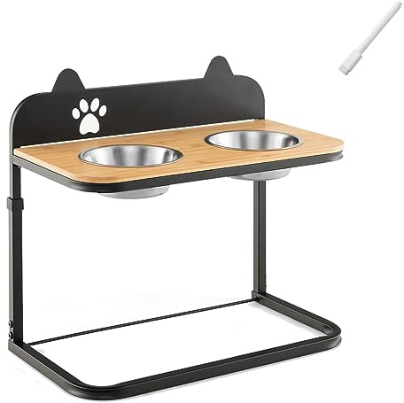 Maxmass Raised Dog Cat Bowls, Height Adjustable Elevated Pet Food Feeding Station with 2 Removable Stainless Steel Bowls and White Marker, Bamboo Pet Double Bowls Stand for Cats Dogs (53 x 30 x 53 cm)