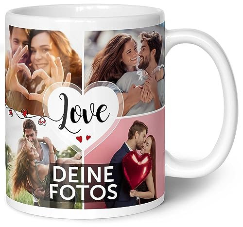 GRAVURZEILE Tasse mit dem Spruch Love zum selbst gestalten mit Foto Collage für acht eigene Fotos - Fototasse personalisiert - Persönliches Geschenk für Paare Freundinnen und Familie Farbe Weiß