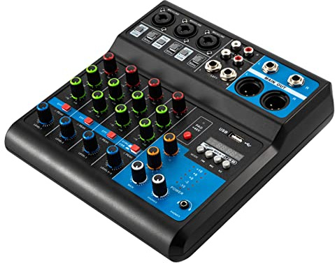 Mini Audio DJ Mixer Mischer 5-Kanal Professional Audio-Interface-Streaming-Audio-Mixer, 48V Phantomspeisung Stereo mit Bluetooth, Audio Mischpult Audiomixer Soundboard für Rekord (5)