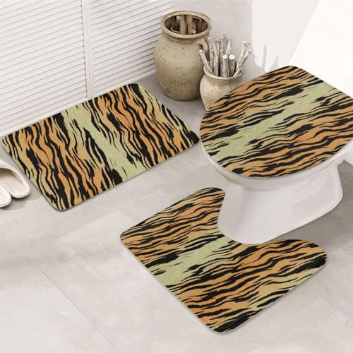 3 Piezas Juego De Alfombra De Baño Tiger Print Alfombras De Cama Cómoda Lavable Alfombra De Contorno, para Baño, Cocina, Dormitorio