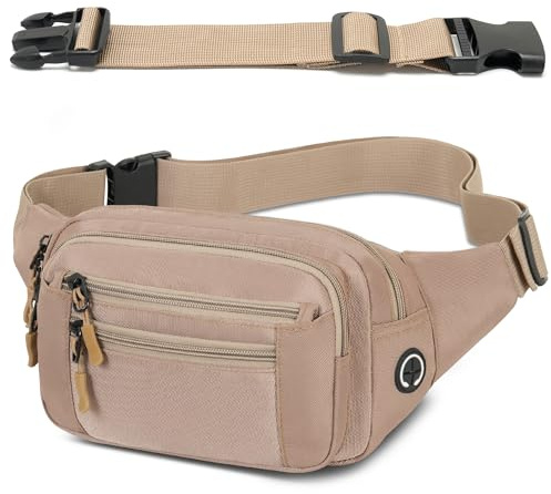 Midjeväska för män kvinnor unisex sport med justerbart bälte förlängt 30 cm och 6 fickor med dragkedja vattentät midjeväska för utomhus promenader vandring vandring cykling resor, Khaki, Taglia Unica,