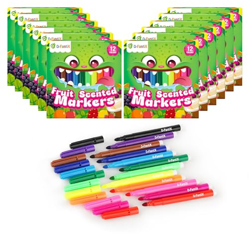 D-FantiX 12 Boxen Filzstifte für Kinder & Kleinkinder, 144-Teiliges Fruchtige Abwaschbare Marker mit runder Spitze, Faserstifte schulbedarf