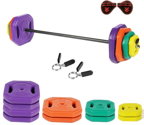 ALLINLIFE Set de Pesas con Barra y Discos de Colores, 1 Barras de Acero, 10 Discos de Peso, 2 Cierres de Seguridad (50KG Set)