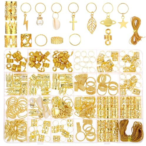 Ouligay 259 Stück Gold Haarschmuck für Zöpfe, Dreadlocks Schmuck Wikinger Haarschmuck Gold Piraten Schmuck Loc-Schmuck für Zöpfe Verstellbar Cuffs Haarperlen Haarspiralen Braids Zubehör