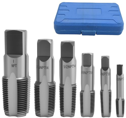 Ollanoos 6-Teiliges Rohrgewindebohrer Set, 1/8, 1/4, 3/8, 1/2, 3/4, 1 Zoll, für Kohlenstoffstahlrohre, PVC-Rohrindustrie, Automobilindustrie und Bauindustrie (Blaue Aufbewahrungsbox)