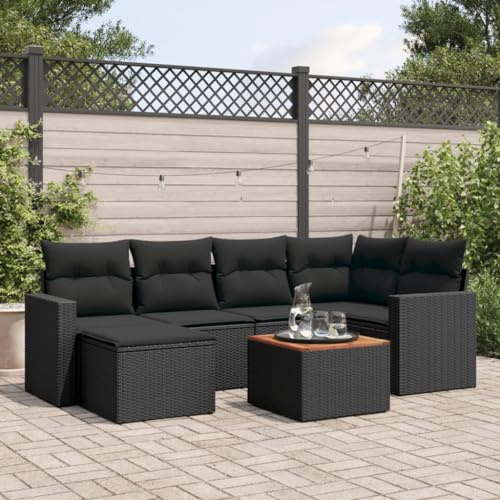 QJBSAVVA 7-TLG. Garten-Sofagarnitur Schwarz Poly Rattan Eckbank mit Akazienholz-Tisch und waschbaren Polstern Modernes Lounge-Set für Terrasse Balkon und Innenhof