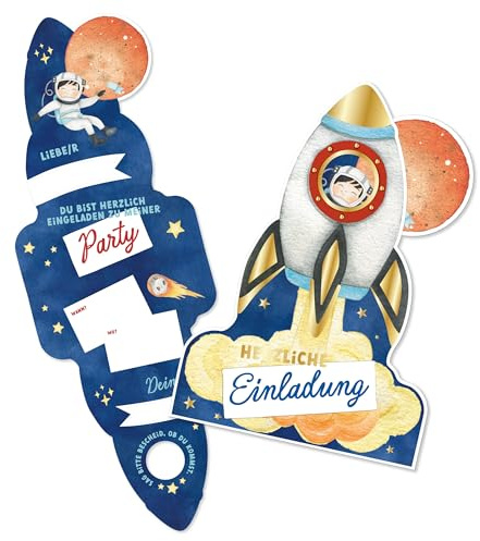 Papierdrachen 12 Einladungskarten Kindergeburtstag - Weltall - Raketenform - Motto-Party - 350g-Karton - Dunkelblau-Gold - Goldfolie - Jungen Mädchen