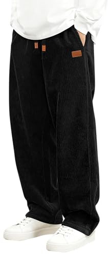 LVCBL Pantaloni Uomo in Velluto a Coste Largo Taglio Dritto, Modello con Vita Elasticizzata e Cordino Nero M