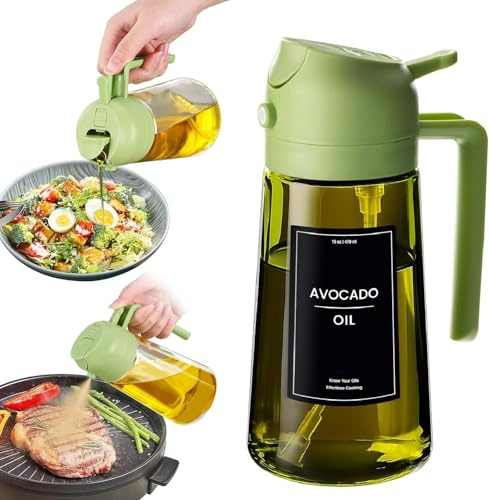 XBllcyiv 16oz/470ml Glass Olive Oil Sprayer for Cooking - 2 in 1 Olive Oil Dispenser for Kitchen Gadgets, Air Fryer, Salad, and BBQ (Green)