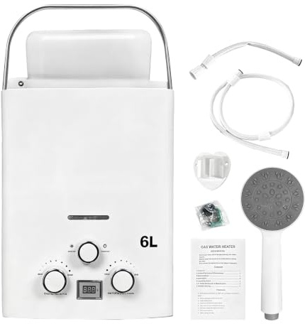 Chauffe-Eau Instantané à Gaz 6l, 12 Kw Portable Pour Camping-Cars Et Caravanes Avec PoignéE Et Pommeau De Douche Pour Douche ExtéRieure Jardin Camping Caravane 40x30x13 Cm
