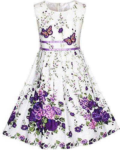 Sunny Fashion Vestito Bambina Viola Rosa Fiore Doppio Cravatta a Farfalla Festa Bambini Sole 4-12 Anni