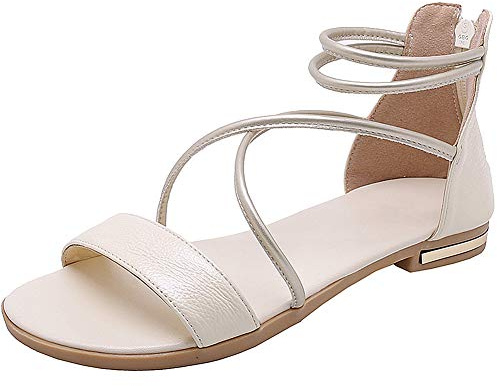 amropi Femme Été Bout Ouvert Croisé Bride Cheville Plates Sandales (Beige,37 EU)