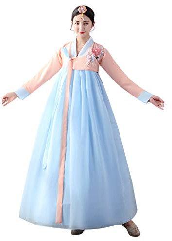 Abito tradizionale coreano Hanbok femminile Palazzo Corea di nozze Danza Costume orientale Dae Jang Geum Costume per palcoscenico, rosa e blu., L