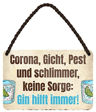 Gin hilft immer - witziges Metallschild mit Kordel und Saugnapf - lustiges Schild für Gin Trinker - Deko für Küche Kneipe Pub Bar Kellerbar Partyraum Hausbar - Geschenk Gin Liebhaber - 18x12cm