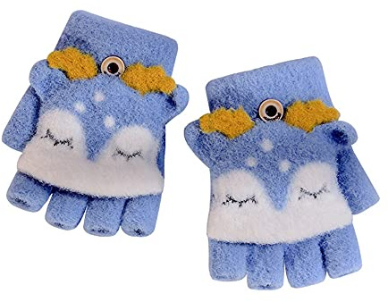 Guantes sin dedos para niñas y niños, guantes cálidos de invierno de dibujos animados, guantes de medio dedo para deportes al aire libre, conducción, esquí, correr, 3-6 años, azul, Talla única