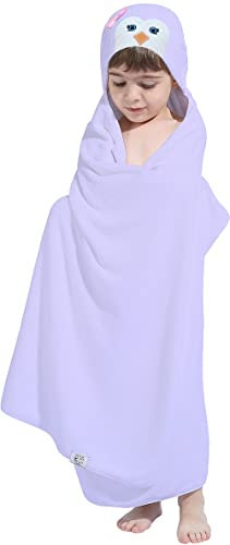HIPHOP PANDA Hooded Towel for Kids - Viscose Derived from Bamboo, 30 X 50 INCH Large Size for 3-10 Yrs - Premium Kids Bath Towel Beach Towels Wrap for Girls, Boys, Purple Penguin