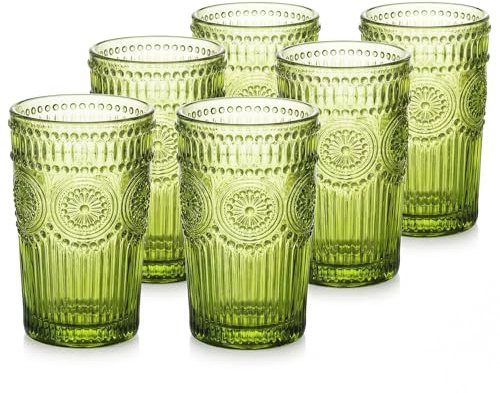 Kingrol 6 Pack 12oz Vintage Drinking Glasses, Embossed Romantic Water Glassware, 350ml Glass Tumbler Set for Juice, Beverages, Beer, Cocktail (Green)