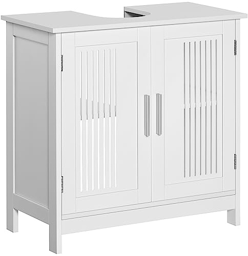 kleankin Mueble para Debajo del Lavabo Armario Baño 60x30x60 cm Blanco | Suelo de Madera, 2 Puertas Ventiladas, Estante Ajustable Interior, Moderno